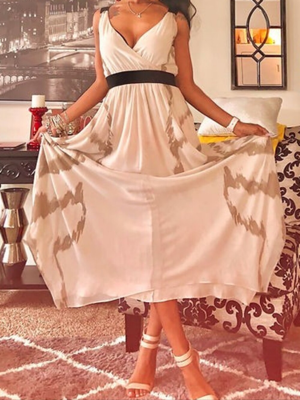 Express Light Gray/Taupe Chiffon Abstract Print Banded Waist Maxi Dress Small